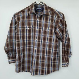 Panhandle‎ Slim Fit Brown and Blue Plaid Pearl Snap Boy's Size Medium